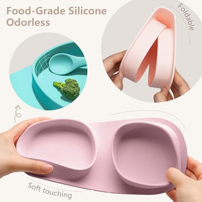 Silicone Foldable Novelty Dinner Plates, Baby Plates Travel Essential with Forks and Spoons, Microwave & Dishwasher Safe, Matte Pink - color: Matte Pink, style: No-Suction