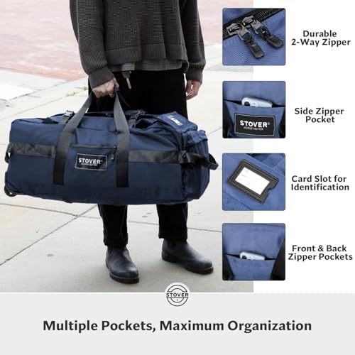 STOVER 45/80/100L Rolling Duffel Bag with Wheels, Large Durable Travel Duffle + Toiletry Bag, Heavy Duty, Packable, Foldable with Shoulder Straps- Use as Luggage or Backpack, Men/Women (Blue) - color: Blue
