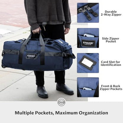STOVER 45/80/100L Rolling Duffel Bag with Wheels, Large Durable Travel Duffle + Toiletry Bag, Heavy Duty, Packable, Foldable with Shoulder Straps- Use as Luggage or Backpack, Men/Women (Blue) - color: Blue