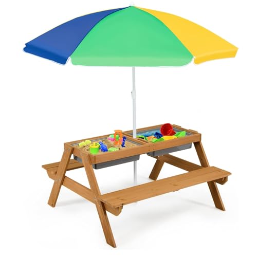 HONEY JOY Kids Picnic Table, 4 in 1 Cedar Wooden Sand & Water Table w/ 2 Removable Box & Umbrella, Kids Picnic Tables for Outdoors Backyard Garden, Toddler Patio Furniture Set for Boys Girls(Colorful) - color: Colorful