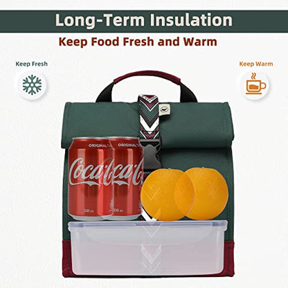 SUNNY BIRD Insulated Lunch Bag Rolltop Lunch Box Tote Bag for Women, Men, Adults and Teens (Green with Boho strap) - color: Green with Boho strap