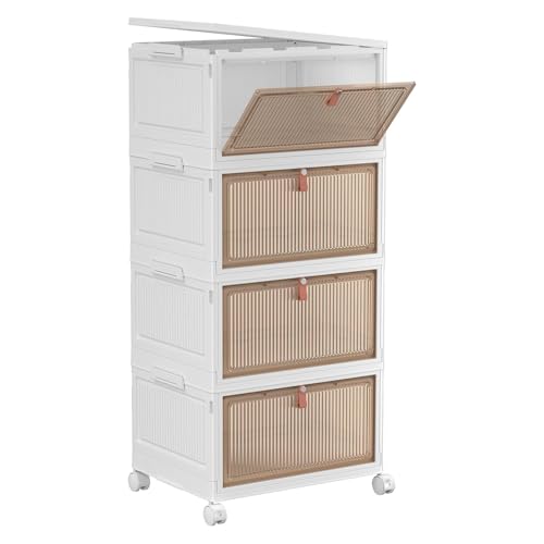 YFXCVSL 4 Tier Plastic Storage Bins with Lid 28QT - Stackable Storage Containers with Wheels, Folding Storage Boxes, Collapsible Storage Bins, Closet Organizers and Storage - size: 4-Tier 28QT