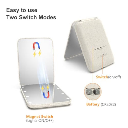 Kintion Wheat Straw Compact Mirror, 1X/3X Magnification, Lighted, Folding, Portable, Eco-Friendly, Great Gift - color: Wheat Straw Apricot