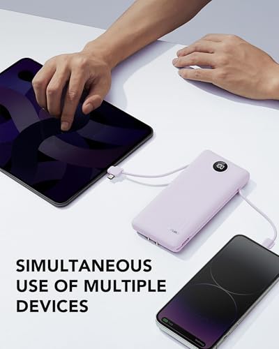 VRURC Portable Charger Built-in Cables and AC Wall Plug,USB C Power Bank 10000mAh, Travel Essentials Phone Charger Compact Lightweight External Battery Pack for Smart Phones, Tablets etc (Purple) - color: Purple