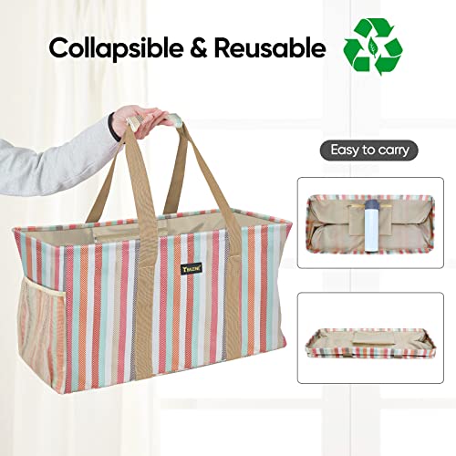 BALEINE Extra Large Utility Tote Bag with Reinforced Wire Frame, Reusable Grocery Bag for Shopping, Picnic (Color Stripe, 22''x12''x10'') - color: Color Stripe, size: 22''x12''x10''