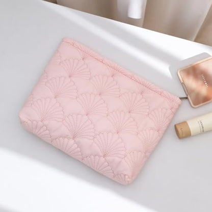 uekeboag Pink Quilted Cotton Makeup Pouch,Coquette Quilted Toiletry Bag for Women and Girls, Floral Coquette Organizer Bag, Aesthetic Travel Cosmetic Bags(Pink Shells) - color: Pink Shells