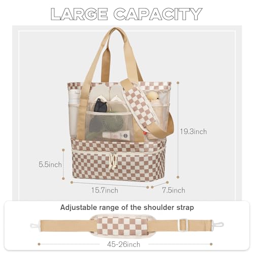 WOOMADA Beach Tote Bag With Cooler, Large Mesh Beach Bags for Women with Wet Pocket, Pool, Swim, Travel Essentials - color: Brown Checkerboard