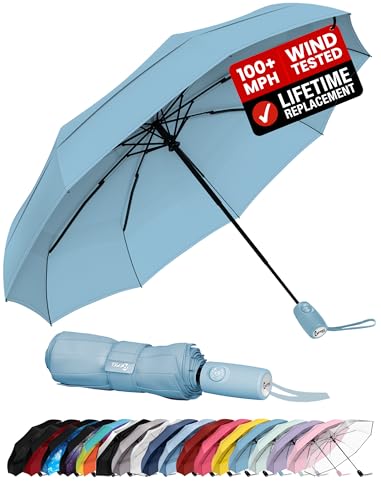 Repel Windproof Travel Umbrella - Compact & Withstands Winds up to 100MPH , Strongest Premium Auto Folding Umbrella for Rain and Sun - Durable, Light & Portable for Women & Men , Fits Backpack & Cars - color: Pastel Blue