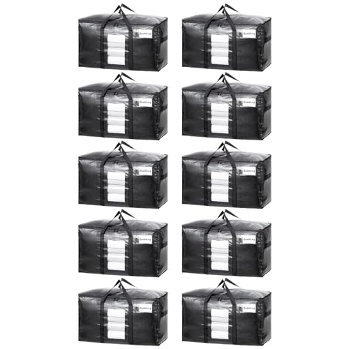 TAILI Extra Large Moving Bags, 10 Pack Black Heavy Duty Totes For Storage with Visible Window, Wrap Around Handles, Storage Bags for Space Saving, Alternative to Moving Boxes - color: Black, size: 10 Large