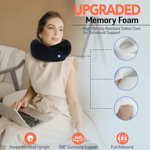 Travel Pillow | High-Density Memory Foam Pillow with 360° Surround Support. Ergonomically Designed. Ideal for Airplane Travel and Home Use. - color: Black