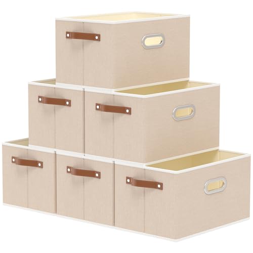 Yawinhe Fabric Storage Bins with Handles, Foldable Baskets for Shelves, Cubes with 3 Handles, Large Boxes for Clothes, Beige, 16.9''Lx11.8''Wx10.2''H, 6-Pack - color: Beige, size: 16.9x11.8x10.2inch(6-Pack)