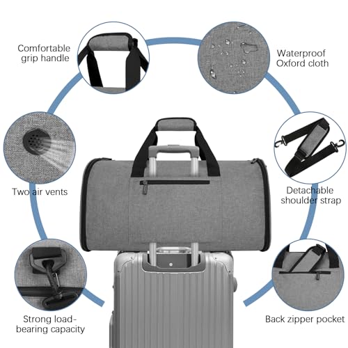Garment Bags for Travel,50L Carry on Convertible Garment Duffle bag with Shoulder Strap,3 in 1 Hanging Suit Travel Bag with Shoulder Strap - color: Grey