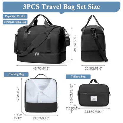 Travel Duffel Bag, Carry-on Overnight Weekender Bags with Shoes Compartment | For Spirit Airlines 18x14x8 Personal Item Bag,Wet Pocket,3 Pcs Set,Small - color: Black 3Pcs Set, size: Small