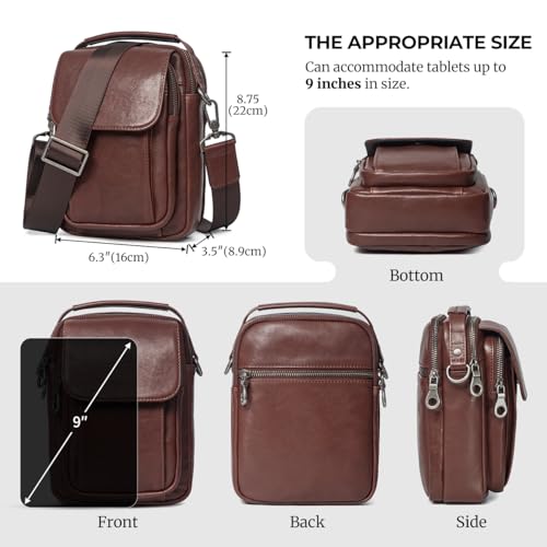 Augus Leather Small Messenger Bag For Men Crossbody Handbag Shoulder Sling Travel Bags for Men Purse Daypack Magnetic Buckle - color: Coffee-1