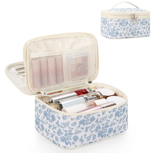 Relavel Travel Makeup Bag, Large Floral Cosmetic Bag with Makeup Brush Compartment, Portable Makeup Pouch for Women, Double Layer Makeup Organizer Bag Cute Toiletry Bag - color: 01-Blue Flower, size: LARGE