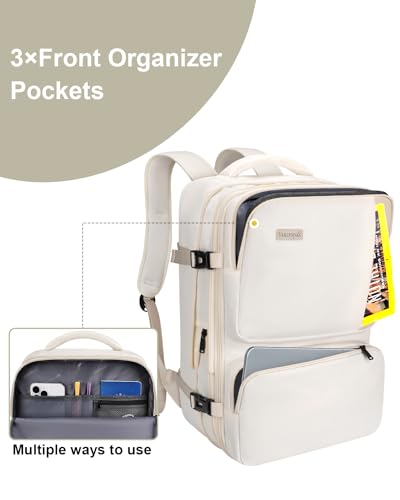 Vancropak Carry on Backpack, 47L Expandable Extra Large Travel Backpack with 3 Packing Cubes, Flight Approved Water Resistant Luggage Suitcase Weekend Duffle Bag Overnight Daypack for Women Men, Beige