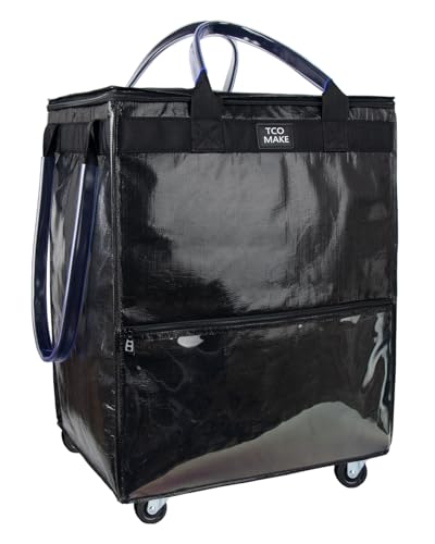 (Large, Black) Reusable Grocery Bag on Wheels, Shopping Bags with Wheels and Handle, Folding Rolling Tote, Zipper Cover, Carries Up to 76 LBS, for Laundry, Picnic - color: Black, size: Large
