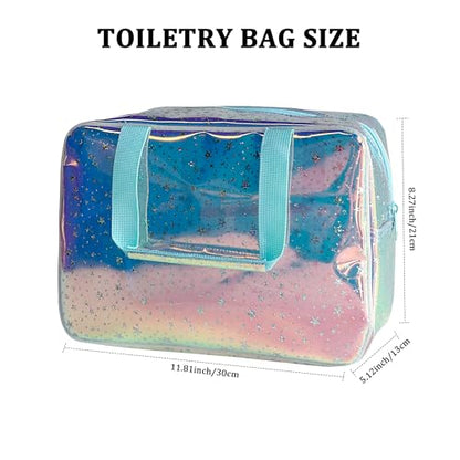 Holographic Blue Clear Star Large Cosmetic Bag and TPU Travel Pouch with Handle,Durable Material,Zipper Design-Ideal for Makeup,Travel Essentials (Holographic Blue+Stars) - color: Holographic Blue+stars