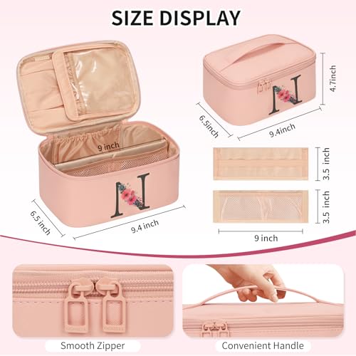 OCHEAL Initial Makeup Bag,Monogram Make up Bag Pink Travel Makeup Organizer Case Beauty Toiletry Cosmetic Bag with Brush Holder, Trendy Stuff Personalized Gifts for Women and Girls-N - color: Pink, style: N
