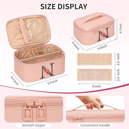 OCHEAL Initial Makeup Bag,Monogram Make up Bag Pink Travel Makeup Organizer Case Beauty Toiletry Cosmetic Bag with Brush Holder, Trendy Stuff Personalized Gifts for Women and Girls-N - color: Pink, style: N