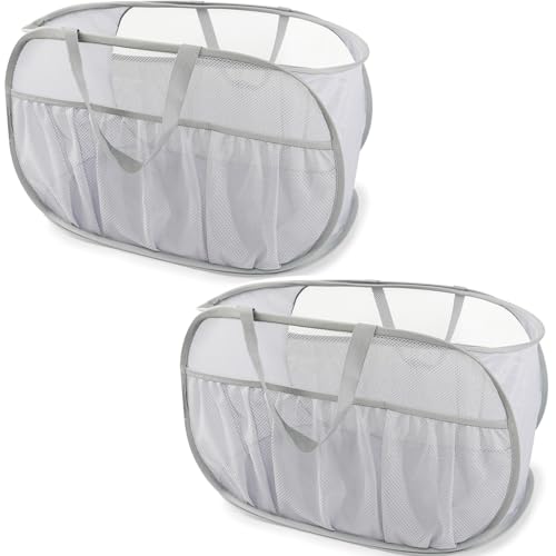2 Pack Collapsible Laundry Baskets, Upgrade Pop Up Laundry Hamper with Convenient Bags, Foldable Laundry Basket Mesh Light Weight, Easy to Carry Clothes Hampers for Laundry, Dorm, Toys, Travel Grey - color: 2xGrey