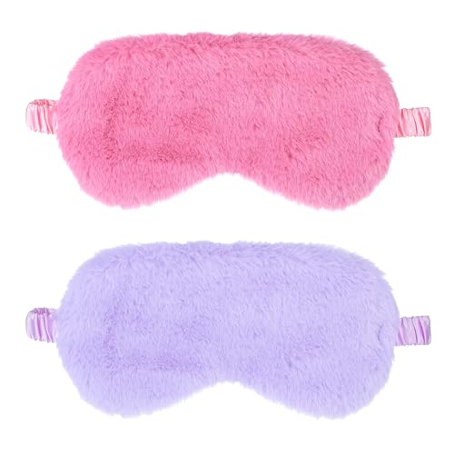 2 Pcs Plush Eye Mask Soft Sleeping Blindfold Eye Cover Comfortable Furry Faux Fur Sleeping Mask Satin Nap Night Eyeshade Cover for Women Men Gift (Rose, Violet) - color: Rose&violet