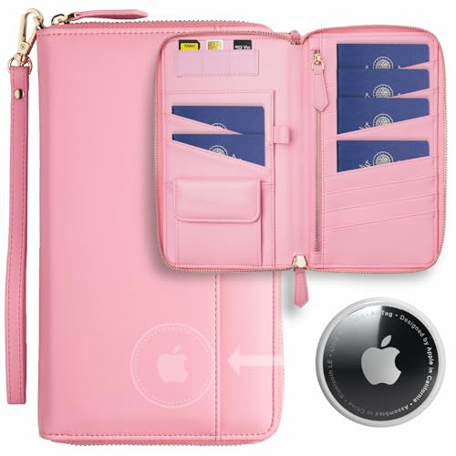 Travel Document Organizer - RFID Passport Wallet Case Family Holder Id Wristlet - color: 6 Passports Airtag Pink