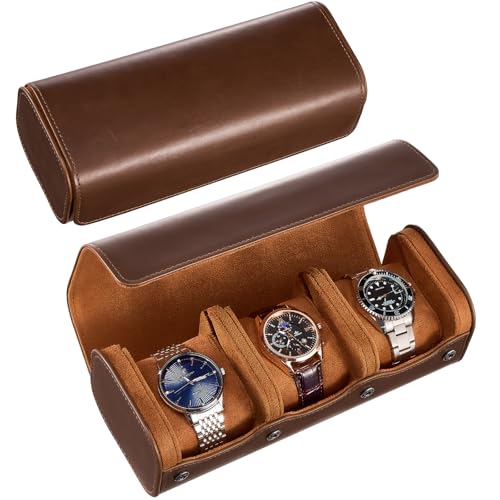 ProCase Watch Travel Case, 3 Slots PU Leather Watch Roll Box for Men, Portable Watch Holder Organizer, Gifts for Father Dad -Brown - color: Brown, size: 3 Slot