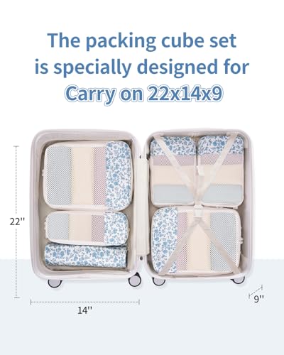 Narwey 6 Set Compression Packing Cubes for Travel Women Men, Travel Cubes for Carry On Suitcase, Durable Compression Luggage Organizer Bags - color: Y-Blue Flower
