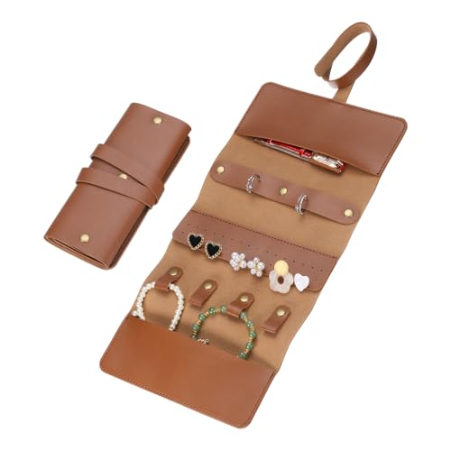 uxcell Travel Jewelry Roll Bag, Foldable Travel Jewelry Organizer Case, Portable Jewelry Pouch for Traveling Rings Necklaces Earrings Bracelets Jewelry Storage, Brown - color: Brown