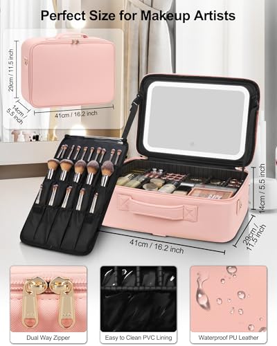 Relavel Makeup Bag with LED Mirror, 16.2 inches Large Makeup Case Travel Portable Cosmetic Organizer Vanity Case for Women, Rechargeable Lighted Mirror Professional Makeup Artists Storage Box (Pink) - color: with mirror pink, size: Large