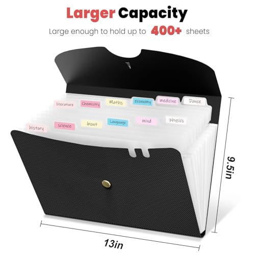 Sooez Expanding File Folder, 13 Pocket Accordion File Organizer, Monthly Expandable File Folder for Documents with Labels, Portable Bill Receipt Organizer for School Office Supplies, Letter A4 Size - color: Pink