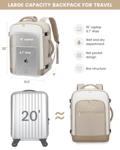 LOVEVOOK Large Travel Backpack for Women, 50L Carry on Backpack Airplane Approved, TSA Personal Item Travel Bag for Women fits 18" Laptop, Waterproof Carry on Bags for airplanes with 3 Packing Cubes - color: Khaki - Beige - Abricot, size: 50L-4Pcs