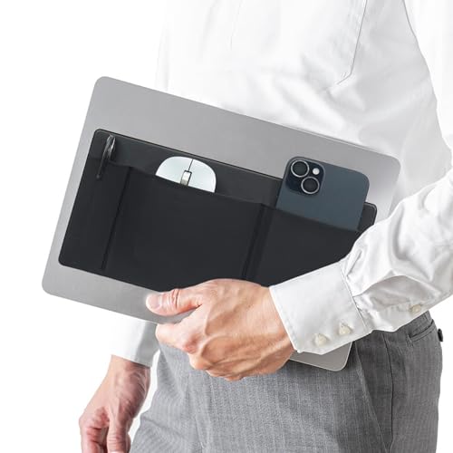 AMOZIFY® 3-Pocket Organizer, Mouse Holder for Laptop Stick On, Adhesive Pouch & External Hard Drive Sleeve, SSD Storage Case for MacBook, Reusable (Black) - color: Black