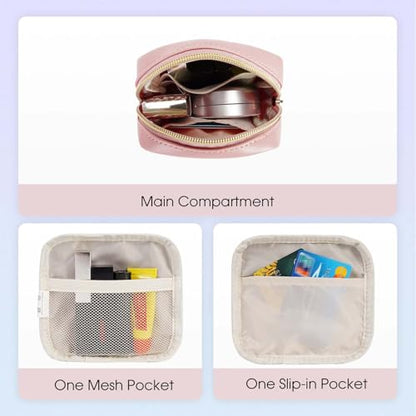 Wandering Nature Small Makeup Bag for Purse Mini Make up Pouch Cute Cosmetic Pouch for Women with Slip-in Pockets Matte Leather, Pink - color: Pink