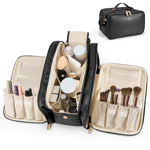 Travel Makeup Bag Women's Large Capacity Cosmetic Portable Organizer Large Opening Waterproof Storage Toiletry Bags Vertical Free-Standing Brush Holder for Easy Access Black - color: Black