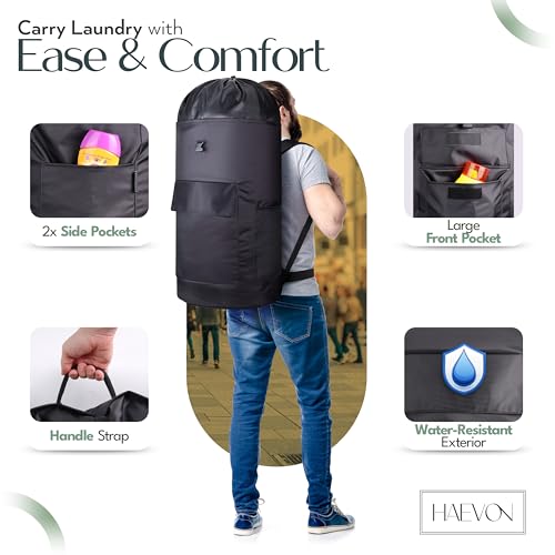 Haevon Laundry Backpack - 131L Heavy Duty Laundry Bag with Padded Shoulder & Waist Straps, Removable Liner - College, Dorm, Apartment, Travel, Outdoor - Big Laundry Bag for Easy Carrying (Black) - color: All Black