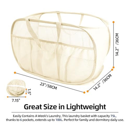 Collapsible Laundry Baskets, Upgrade Pop Up Laundry Hamper with Convenient Bags, Foldable Laundry Basket Mesh Light Weight, Easy to Carry Clothes Hampers for Laundry, Dorm, Toys, Travel Beige - color: Beige