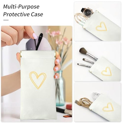Glasses Case Soft, Eyeglass Cases for Women Portable Squeeze Top PU Leather 2 Pack Glasses Pouch with Cleaning Cloth - color: Off-white Love+brown Love