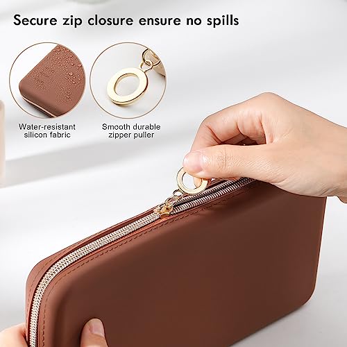 FVION Zipper Makeup Brushes Bag For Travel, Large Silicone Makeup Brush Holder, Make Up Brushes Pouch Case for Makeup Tools - Brown - color: Brown