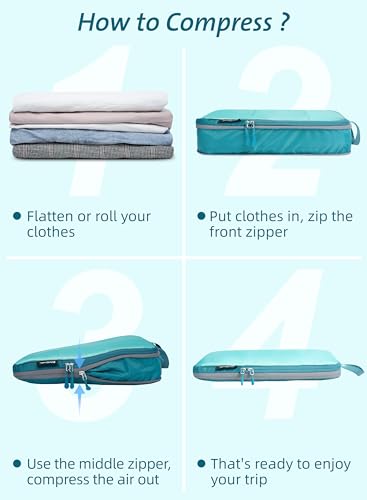 Bagail Ultralight Compression Cubes 7 Set - 3 Packing Cubes, 3 Organizers, and 1 Shoe Bag - color: Teal, style: Mesh Pattern