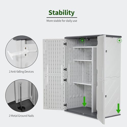 Macrout 50 Cu.Ft Plastic Outdoor Storage Cabinet with Shelves, 4.3 x 2.5 ft Waterproof Resin Outdoor Storage Shed with Floor, Lockable Vertical Shed for Garden and Patio - size: Medium