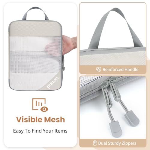 Compression Packing Cubes for Travel, Lightweight Vacation Travel Essentials, Travel Accessories for Suitcase Organizer Bags Set, Durable Luggage Organizer - color: Beige, size: 6 set-Half Mesh