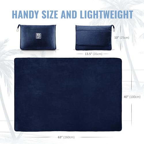 BOACAY Soft & Warm Travel Blanket for Airplane & Car - Long Flight Essential for Women, Men, Kids - Compact Pillow with Luggage Sleeve & Backpack Clip - color: Navy Blue