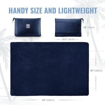 BOACAY Soft & Warm Travel Blanket for Airplane & Car - Long Flight Essential for Women, Men, Kids - Compact Pillow with Luggage Sleeve & Backpack Clip - color: Navy Blue