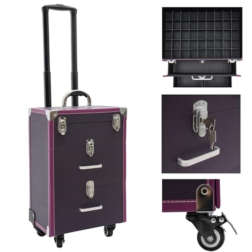 Large Capacity Rolling Cosmetic Case, Travel Trolley Case Mobile Storage Box, Multifunctional Makeup Train Case, Portable Tool Organizer with Lock and Universal Wheels for Beauty Salon Nail (Purple)