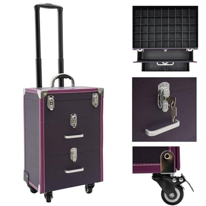 Large Capacity Rolling Cosmetic Case, Travel Trolley Case Mobile Storage Box, Multifunctional Makeup Train Case, Portable Tool Organizer with Lock and Universal Wheels for Beauty Salon Nail (Purple)