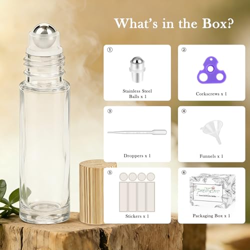 PrettyCare 4 Pack, 10 ml Essential Oil Roller Bottles with Stainless Steel Roller Ball - Refillable Leak-proof Empty Thick Clear Glass Roll on Bottles with Bamboo Caps for Travel, Perfume - color: Clear with Wooden Cap, size: 4 Pack