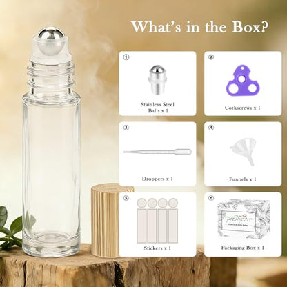 PrettyCare 4 Pack, 10 ml Essential Oil Roller Bottles with Stainless Steel Roller Ball - Refillable Leak-proof Empty Thick Clear Glass Roll on Bottles with Bamboo Caps for Travel, Perfume - color: Clear with Wooden Cap, size: 4 Pack