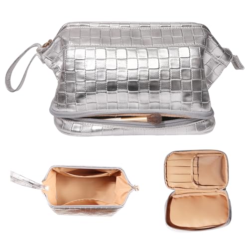 Abiudeng Large Capacity Makeup Bag Ladies Cosmetic Bag Travel Bag with Compartments Portable PU Leather Travel Makeup Bag with Handle - color: Checkerboard-Silver